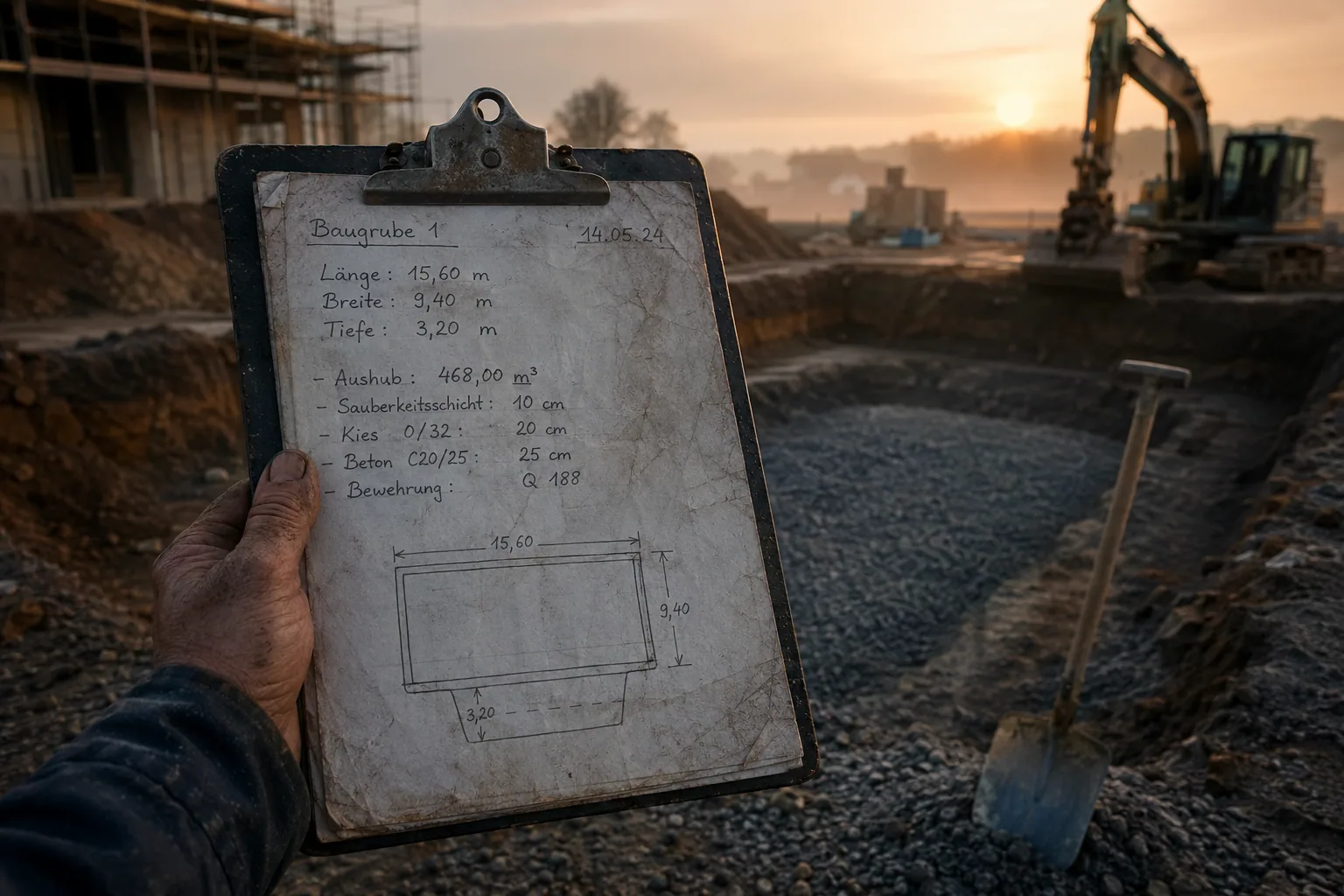 Hand mit Klemmbrett und Aufmaß auf der Baustelle in der Morgendämmerung